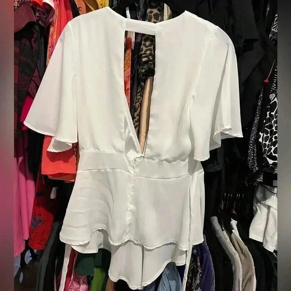 White Deep Plunge Dressy Top Peplum Chiffon Satin - Picture 4 of 10